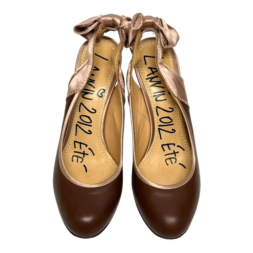 LANVIN Brown Leather & Pink Silk Slingback Bow Pumps Heels 37 6.5 7 Italy
